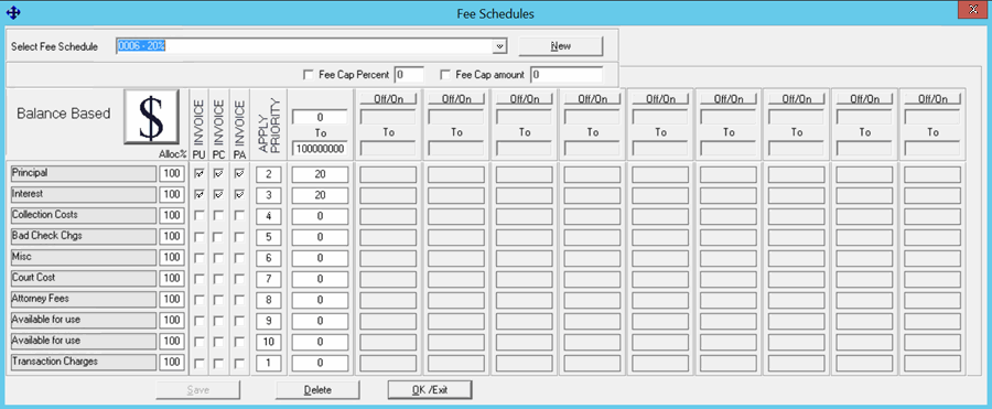 Fee Schedules dialog box - Balance Based