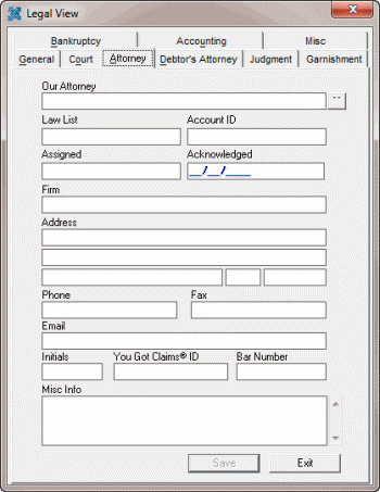 Legal View dialog box - Attorney tab Legal View dialog box - Attorney tab