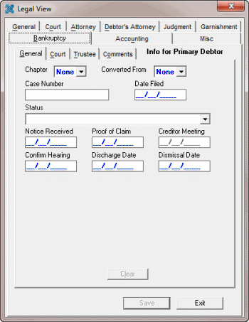 Legal View dialog box - Bankruptcy tab - General tab Legal View dialog box - Bankruptcy tab - General tab