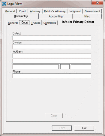 Legal View dialog box - Bankruptcy tab - Court tab
