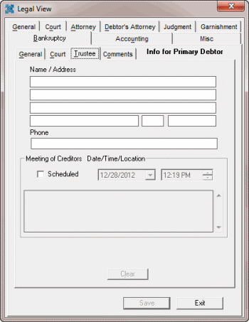 Legal View dialog box - Bankruptcy tab - Trustee tab Legal View dialog box - Bankruptcy tab - Trustee tab