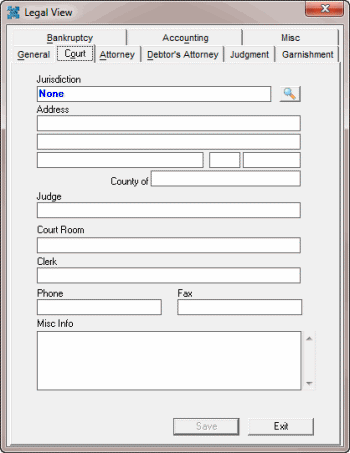 Legal View dialog box - Court tab Legal View dialog box - Court tab