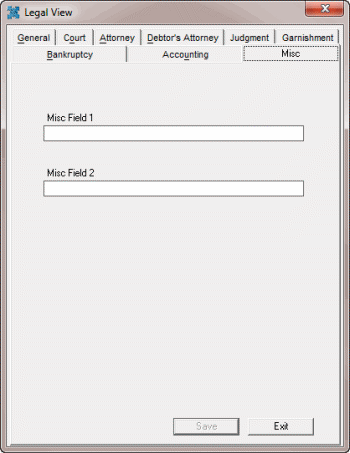 Legal View dialog box - Misc tab Legal View dialog box - Misc tab