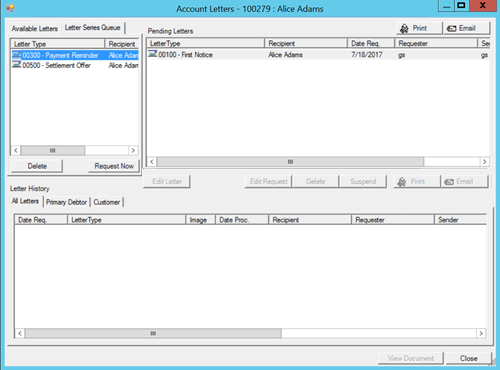 Account Letters window - Letter Series Queue tab Account Letters window - Letter Series Queue tab