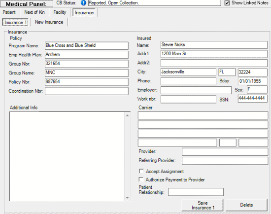Medical panel - Insurance tab - Insurance number tab Medical panel - Insurance tab - Insurance number tab