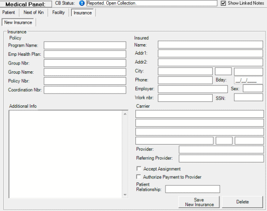 Medical panel - Insurance tab - New Insurance tab Medical panel - Insurance tab - New Insurance tab