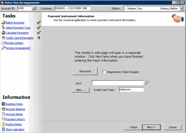 Enter New Arrangements window - Payment Instrument Information page