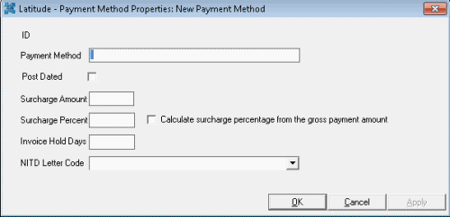 Latitude - Payment Method Properties: New Payment Method dialog box Latitude - Payment Method Properties: New Payment Method dialog box