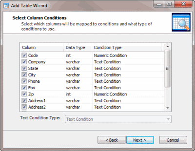 Select Column Conditions page
