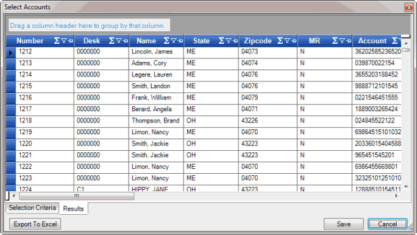 Select Accounts window - Results tab