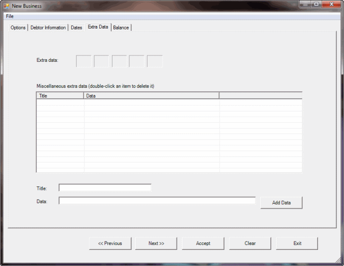 New Business window - Extra Data tab