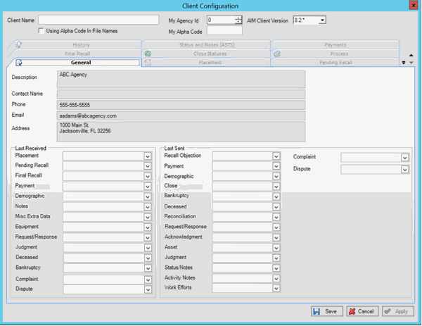 Client Configuration window Client Configuration window