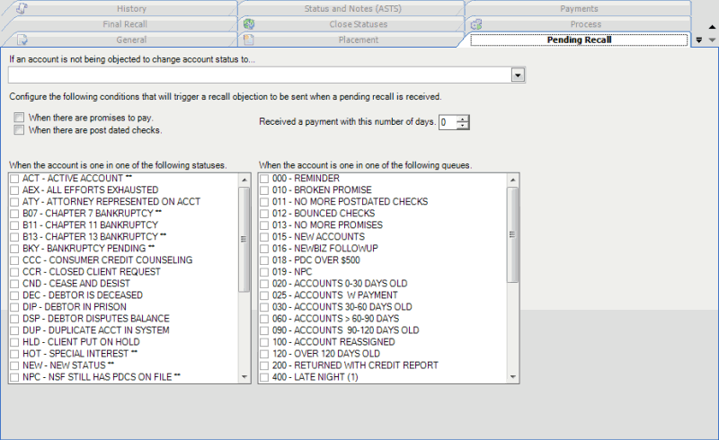 Client Configuration window - Pending Recall tab