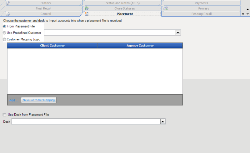 Client Configuration window - Placement tab