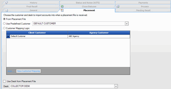 Client Configuration window - Placement tab