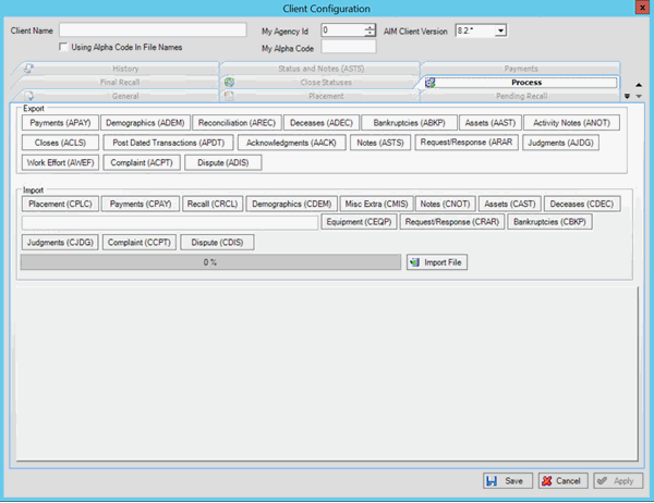 Client Configuration window - Process tab Client Configuration window - Process tab