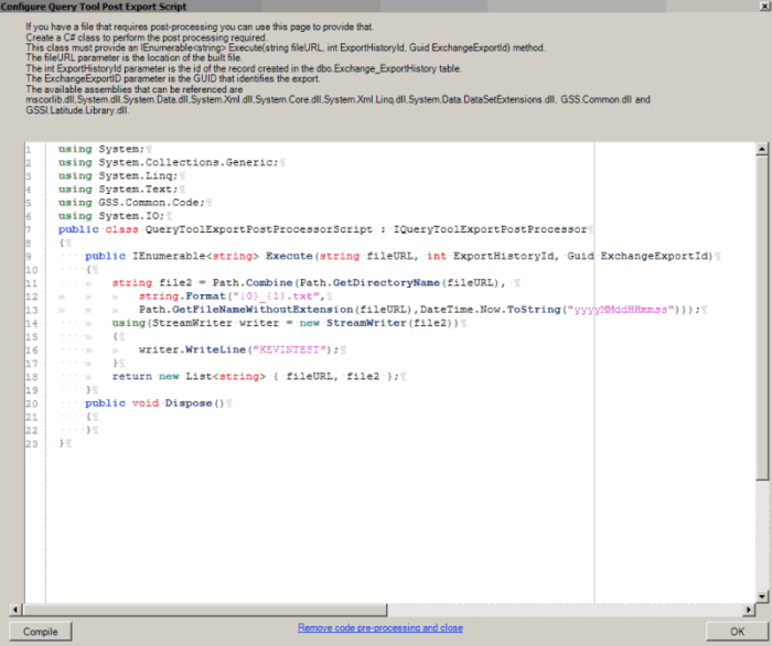Configure Query Tool Post Export Script window