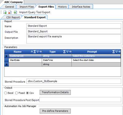 Export Files tab - predefine parameters
