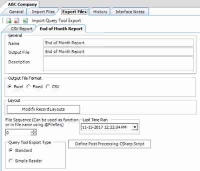 Export Files tab - query tool export