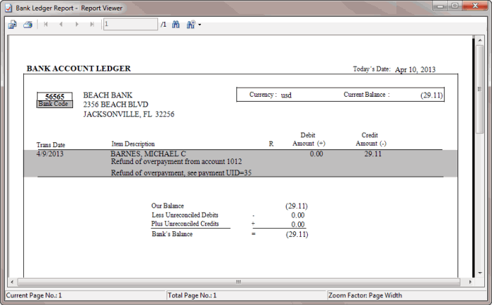 Bank Account Ledger report