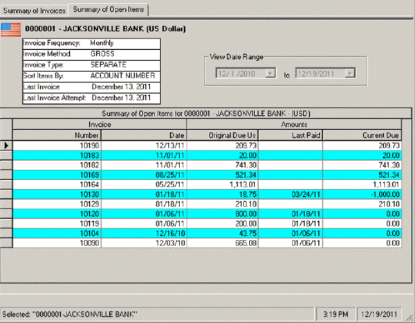 Invoices window - Summary of Open Items tab
