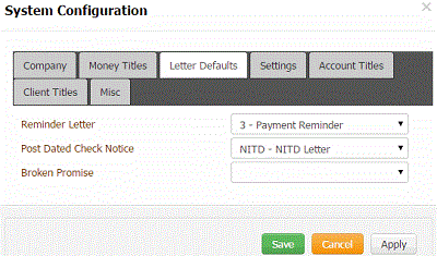 System Configuration dialog box - Letter Defaults tab