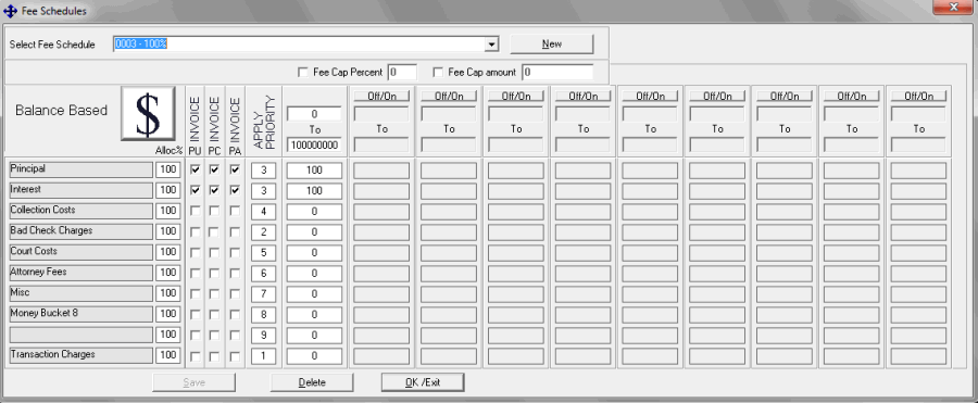 Fee Schedules dialog box - Balance Based