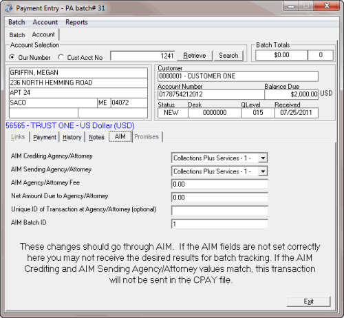 Payment Entry window - Account tab- AIM tab for a PA batch