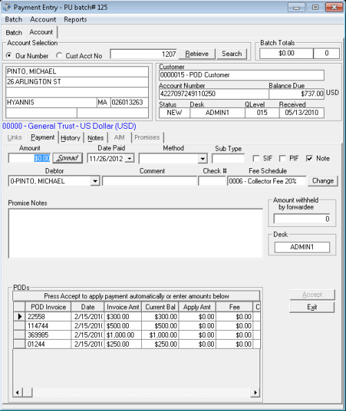 Payment Entry window - POD account