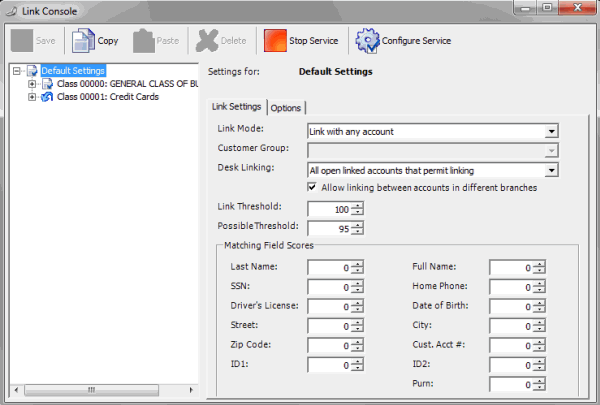 Link Console window - Default Settings