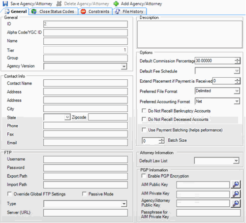 Agencies/Attorneys pane - General tab