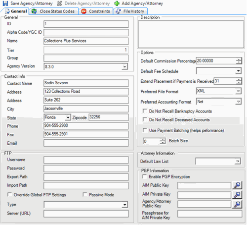 Agencies/Attorneys pane - General tab