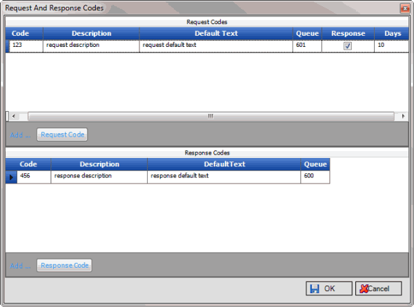 Request and Response Codes window