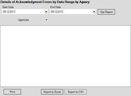 Details of Acknowledgment Errors by Date Range By Agency pane
