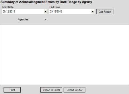 Summary of Acknowledgment Errors by Date Range by Agency pane