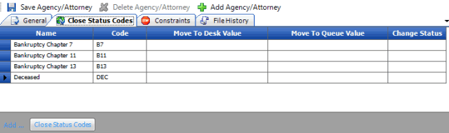 Agencies/Attorneys pane - Close Status Codes tab