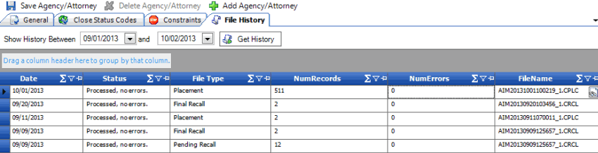Agencies/Attorneys pane - File History tab - results