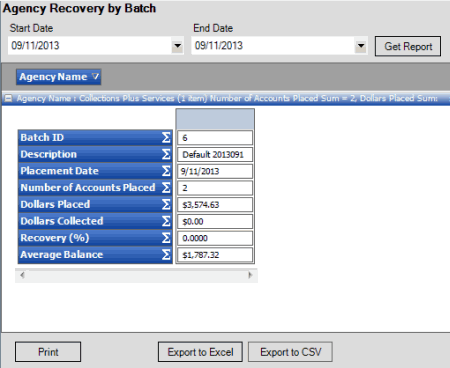 Agency Recovery by Batch report