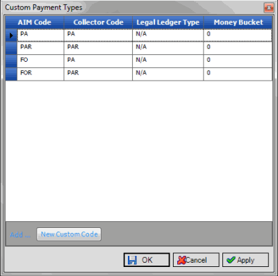Custom Payment Types window