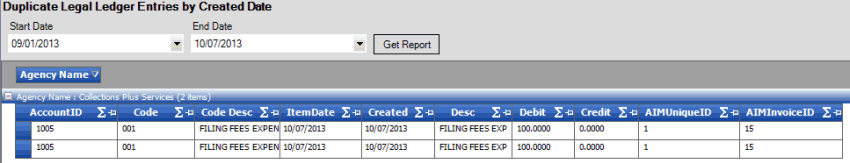 Duplicate Legal Ledger Entries by Created Date report