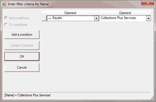Enter Filter Criteria for... dialog box - operators