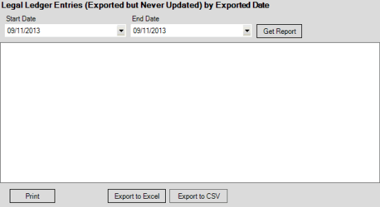 Legal Ledger Entries (Exported by Never Updated) by Exported Date pane