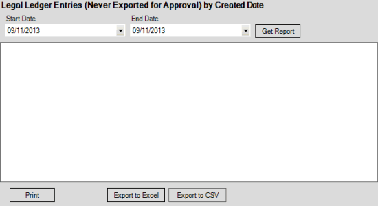 Legal Ledger Entries (Never Exported for Approval) by Created Date pane