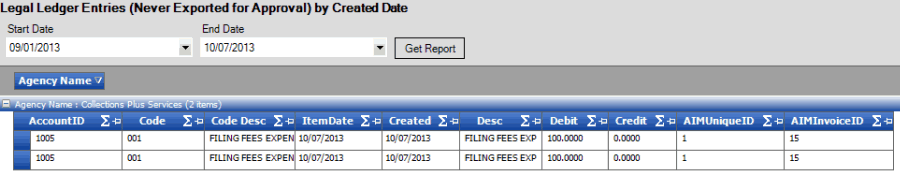 Legal Ledger Entries (Never Exported for Approval) by Created Date report