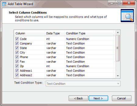 Select Column Conditions page