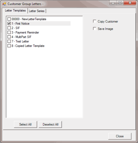 Customer Group Letters dialog box