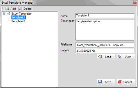 Excel Template Manager window - edit mode Excel Template Manager window - edit mode