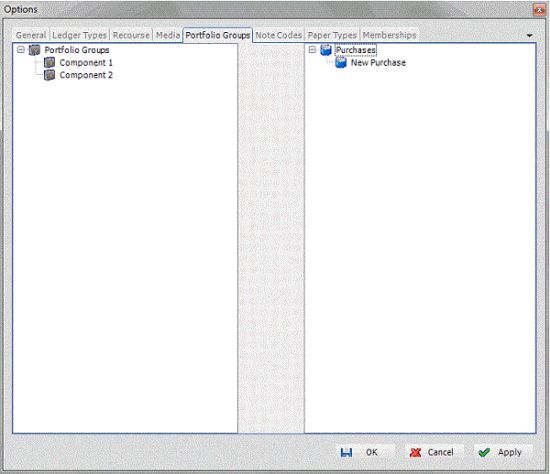 Options window - Portfolio Groups tab Options window - Portfolio Groups tab