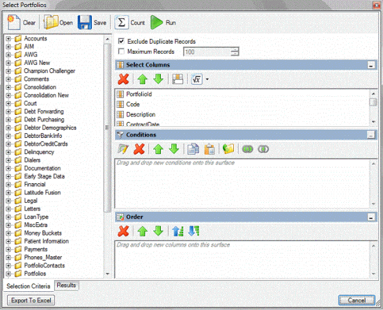 Select Portfolios window Select Portfolios window