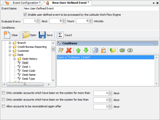 New User-Defined Event tab - condition specified